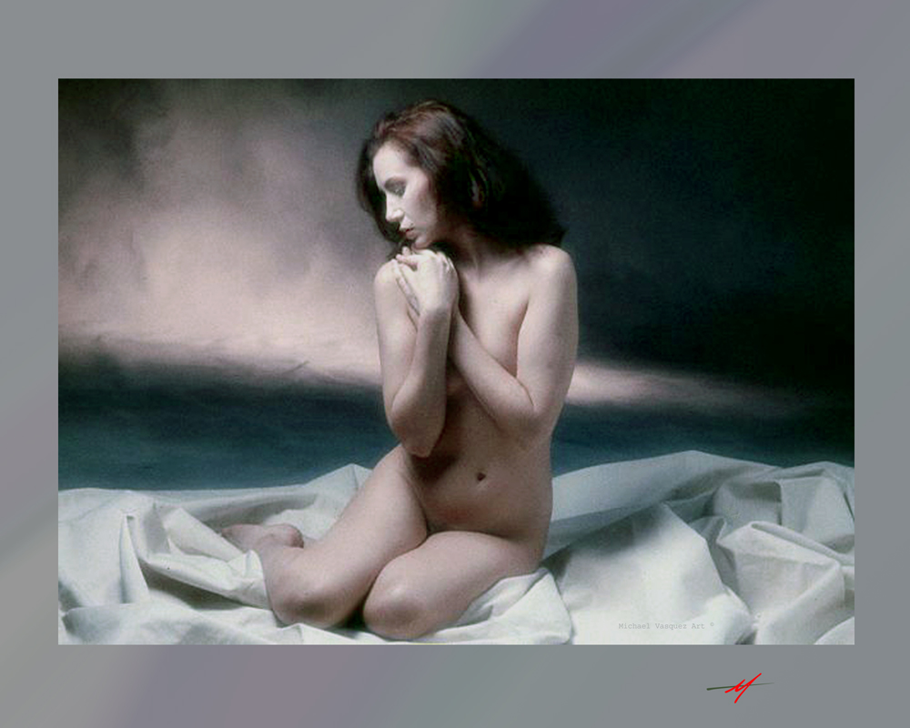 Female model, nude, tasteful, sitting on a mulin fabric against a cloud patteren backdrop. 