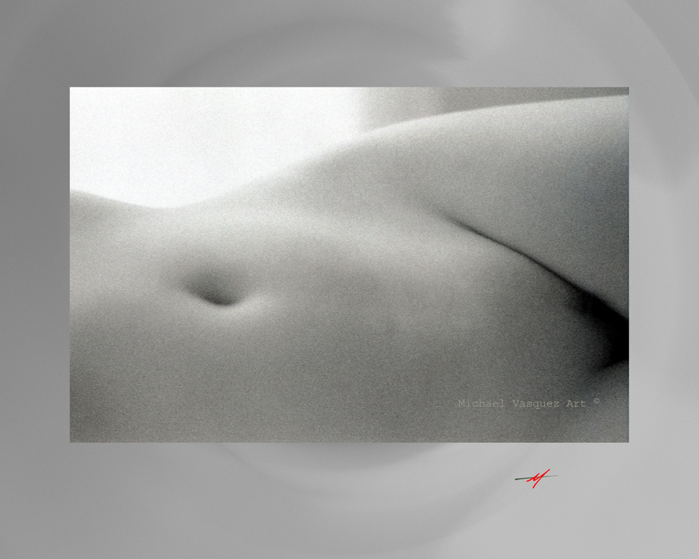 Female model, torso, pubic, belly botton, B & W image. Michael VAsquez Art