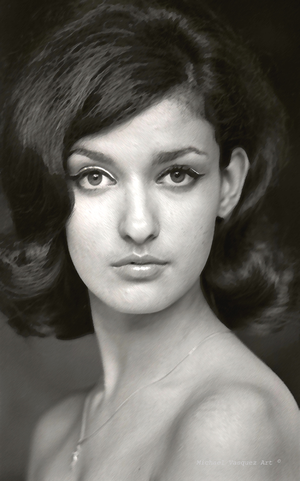 Black and White image, young Latina woman, sitting in window light, tight shot of face and hair.
